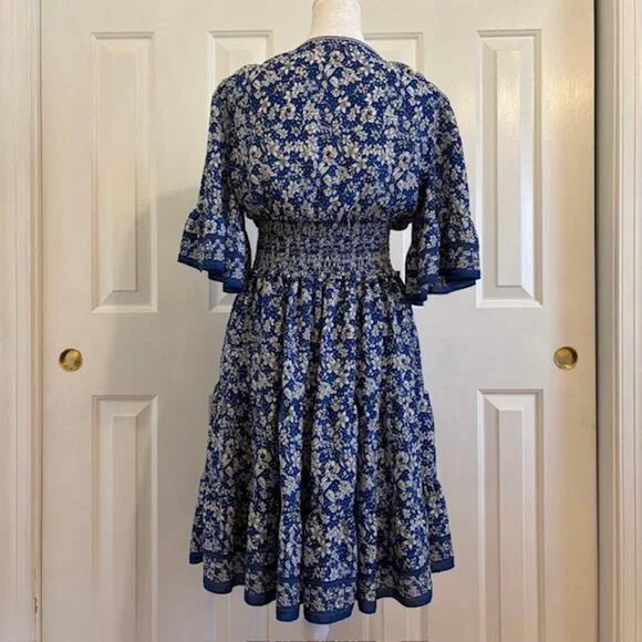 Max Studio Royal Blue Floral Smocked Tiered Mini Dress w/Flutter Sleeves Size S - Picture 7 of 10